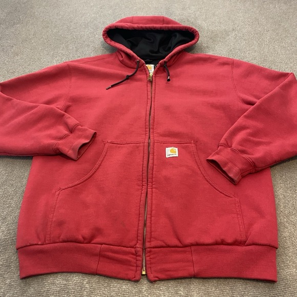 VTG Carhartt J149 INR Red Heavy Hooded Jacket Mens Medium Lined Pockets Full Zip - Picture 1 of 10